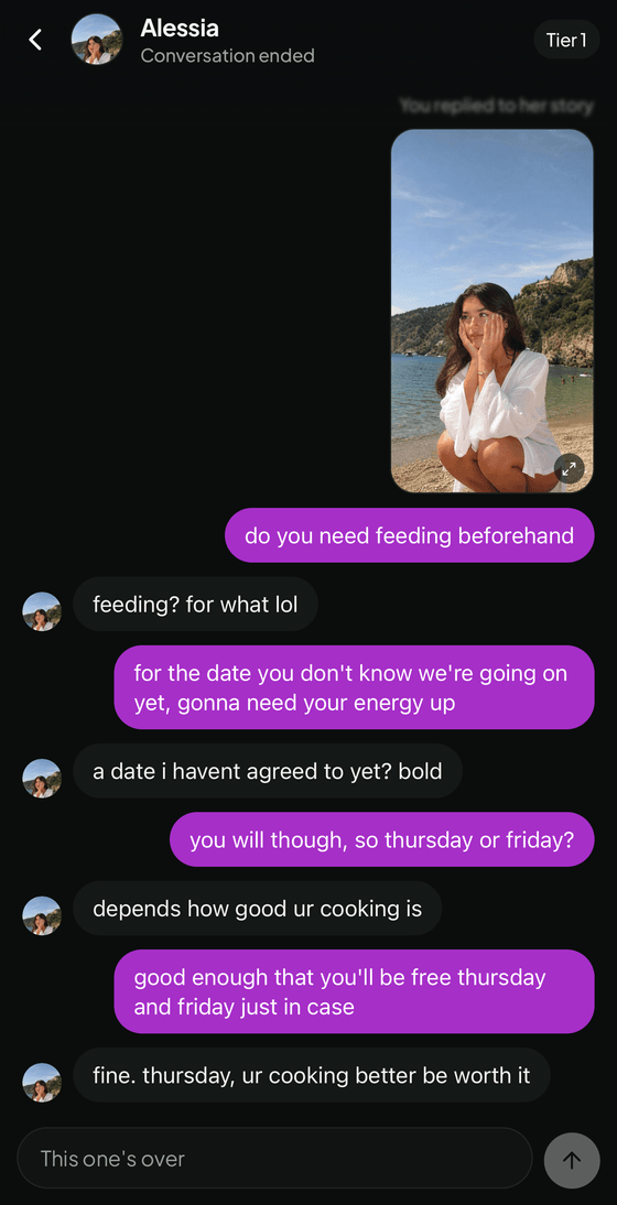 A finished Practice conversation, ending with her replying 'fine. thursday, ur cooking better be worth it'.