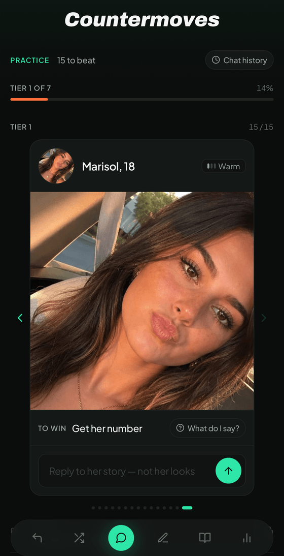 The Practice screen: Marisol, 18, marked Warm, tier 1 of 7, with her story photo and the objective 'Get her number'.