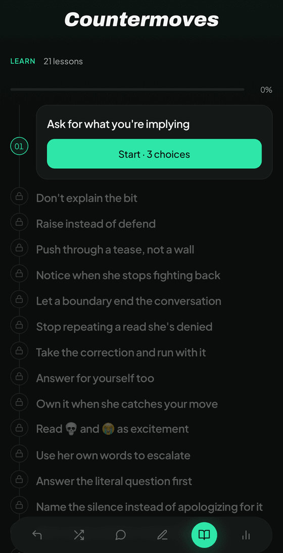 The Learn screen: lesson 01 'Ask for what you're implying' unlocked with three choices, above a locked list including 'Push through a tease, not a wall' and 'Read skull and sob emoji as excitement'.