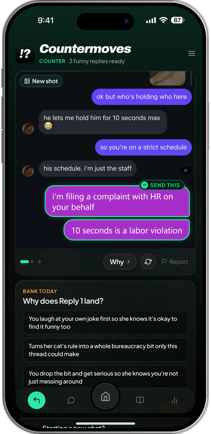 Counter in the app: the uploaded chat with the suggested reply as the next message, marked Send this, and Reply 1 of three.