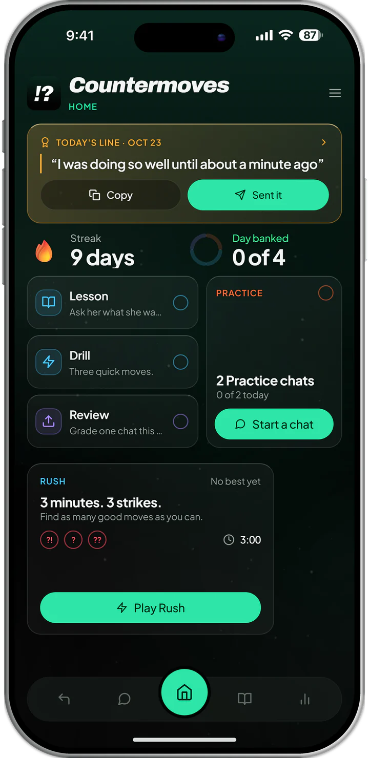 Home in the app: Today's line, the streak, today's jobs and Rush.