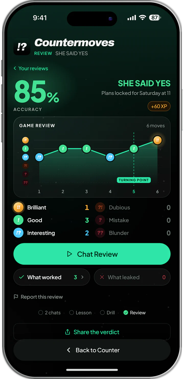 A graded Review in the app: 85% accuracy, the count of each mark, and Chat Review.