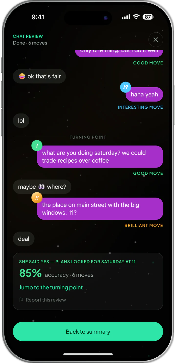 Chat Review: every message he sent with its mark, from Interesting move to Brilliant move, and the turning point.